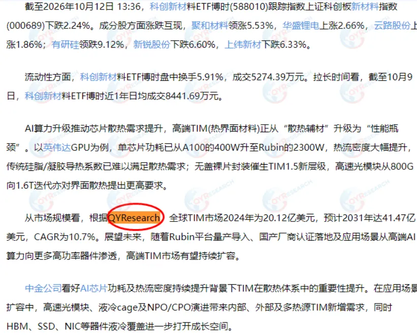 Bosera STAR New‑Materials ETF Cites QYResearch‑Published TIM (Thermal Interface Material) Market Report on October 12